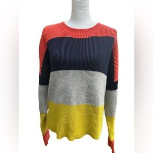 Fate Color Block Knit Sweater Orange Navy Gray Yellow Striped Pullover Large‎